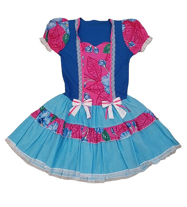Vestido junino floral e poás adulto