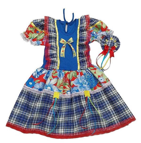Vestido junino xadrez e chita infantil com acessório