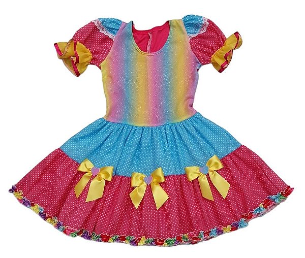 Vestido junino arco iris com brilho infantil