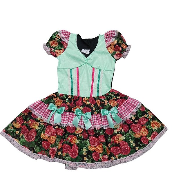 Vestido junino verde menta, floral e xadrez juvenil
