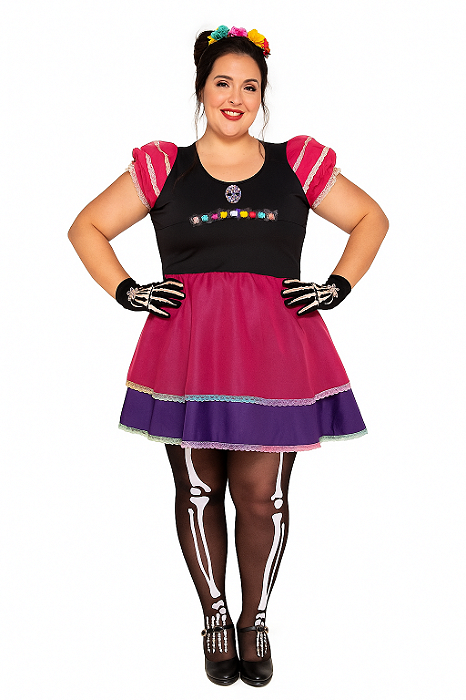Fantasia vestido Caveira Mexicana plus size com tiara