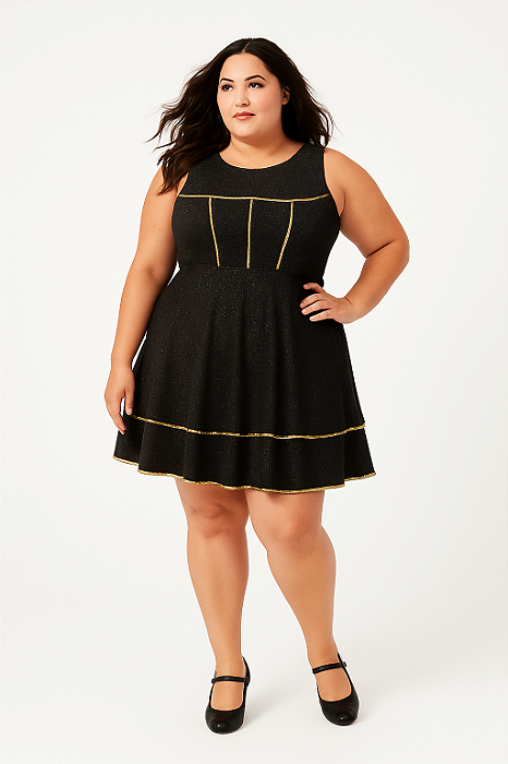 Vestido Preto e Dourado Mulltiuso plus size