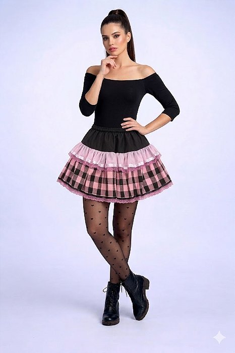 aia Junina Curta Rodada Luxo Feminina Xadrez com Renda e Fita Tamanho Único