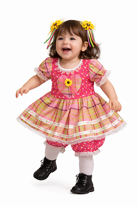 Vestido Junino Bebê Rosa Xadrez com Coração + Calçola