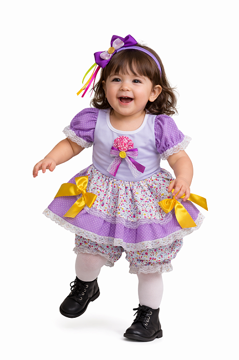 Vestido Junino Bebê LUXO com Avental Floral + Calçola