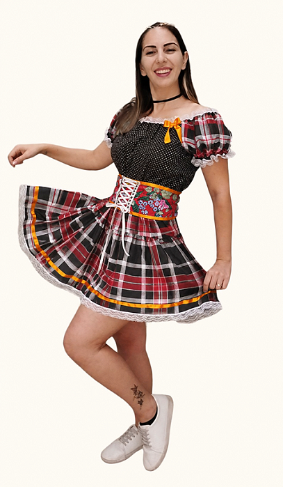 Vestido Junino juvenil Ombro a Ombro Xadrez com Corpete Ajustável