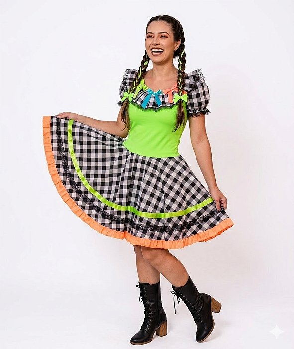 Vestido Junino Adulto Neon Xadrez e Babado no Decote