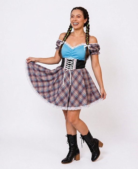 Vestido Junino Adulto Ombro a Ombro Xadrez com Corpete e Amarração Frontal