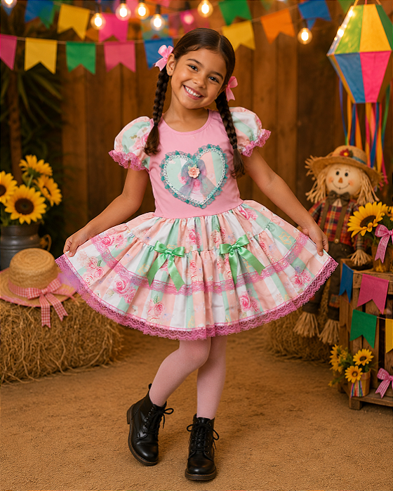 Vestido Festa Junina Infantil Rosa Floral Luxo – Delicado e Rodado