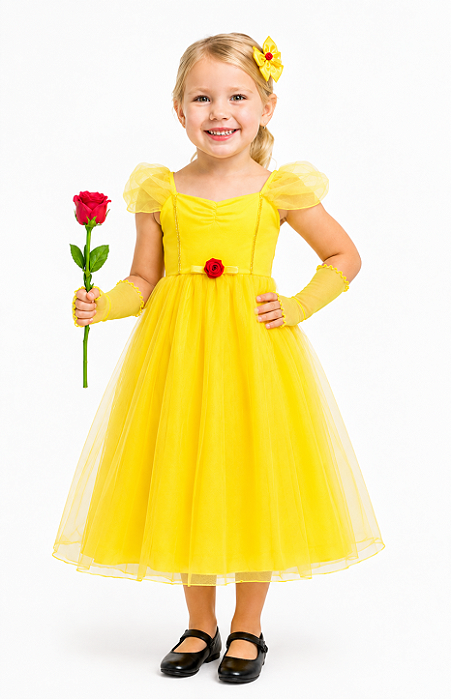 Fantasia Princesa Amarela Infantil Vestido Midi com Saia Delicada