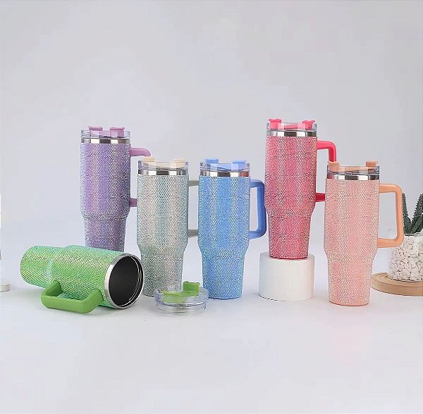 Copo Térmico Garrafa strass brilhante Com Tampa e Canudo 1200ML