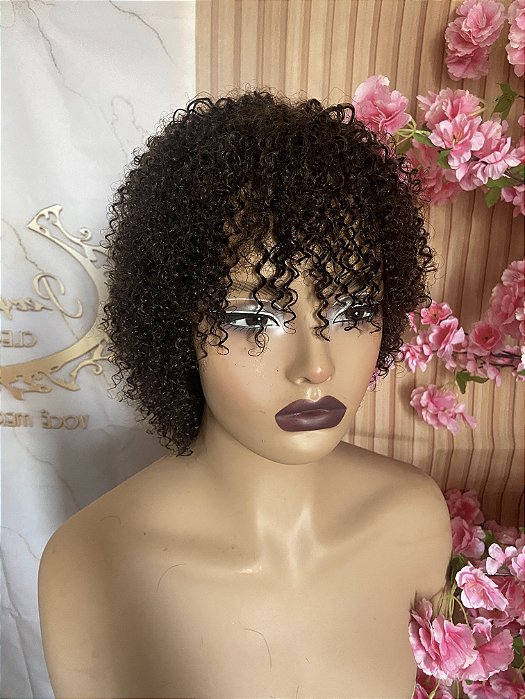 WIG DE CABELO HUMANO CACHEADO 25CM CHOCOLATE