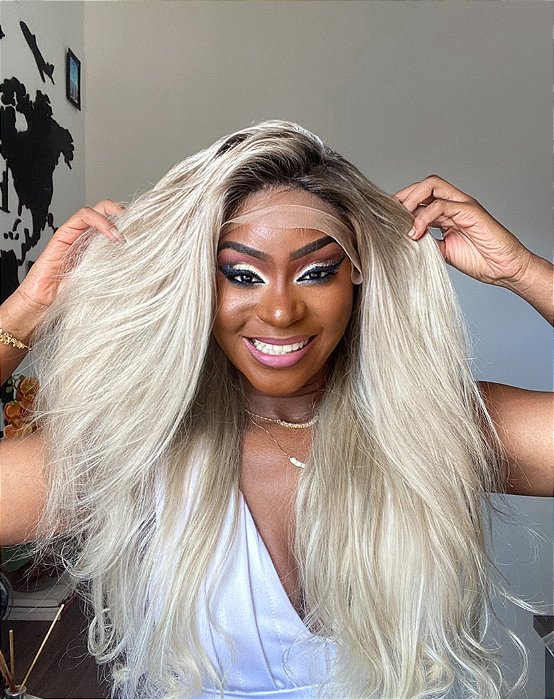 LACE DE CABELO HUMANO 75cm 200% DE DENSIDADE LOIRO PLATINADO COM RAIZ ESFUMADA