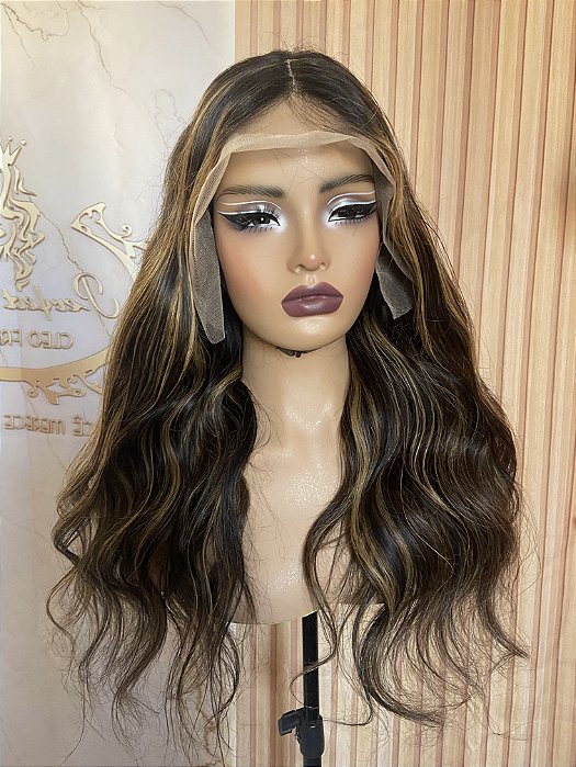 LACE DE CABELO HUMANO 65CM CASTANHO COM MECHAS COM SILK BASE