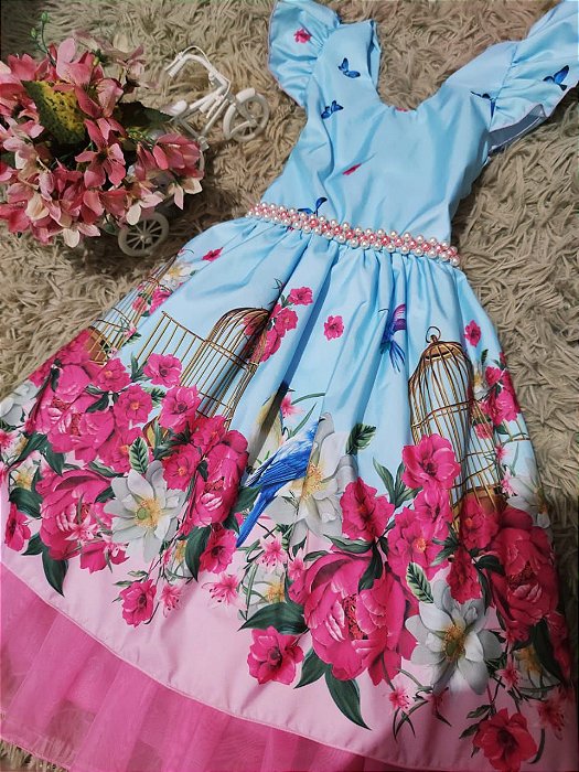 Vestido Temático - Tema: Jardim Encantado - Cor: Tiffany/Rosa - Tamanho: 6 e 7 anos (GG)