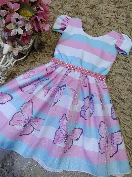 Vestido de Festa Infantil - Tema: Butterfly - Cor: Rosa/Tiffany - Tamanho: 3 anos (M)