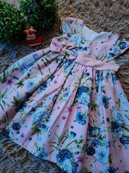 Vestido Casual infantil - Cor: Rosa/Azul - Tamanho: 4 e 5 anos (G)