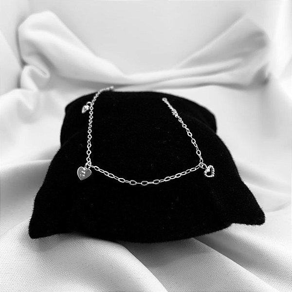 Pulseira Prata 3 Corações 18cm