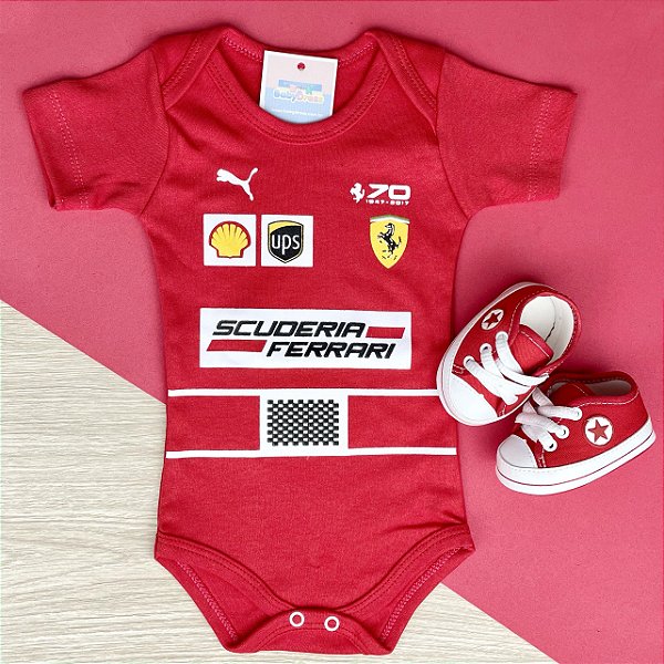 Kit Body Bebê Fórmula 1 Scuderia Ferrari Vettel Raikkonen Race e Tênis Vermelho