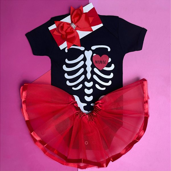 Kit Body Bebê Luxo Tule Halloween Esqueleto Vermelho