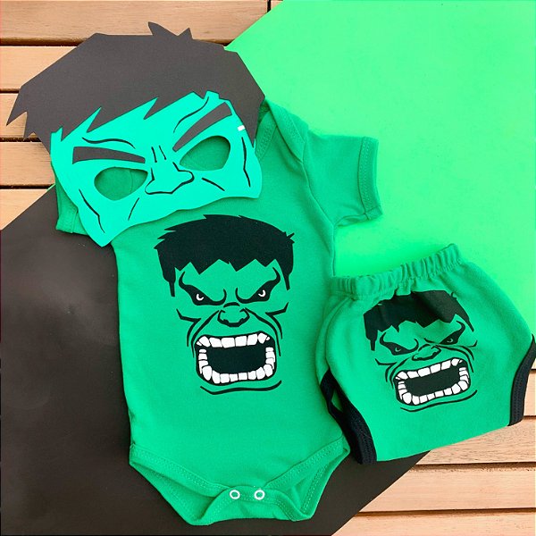 Kit Body Bebê Hulk com Tapa Fralda e Máscara