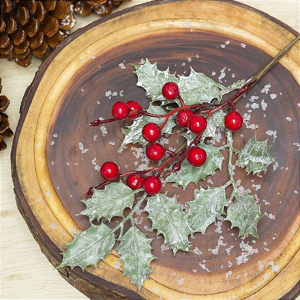 Galho Decorativo de Plástico e Metal Azevinho 28cm