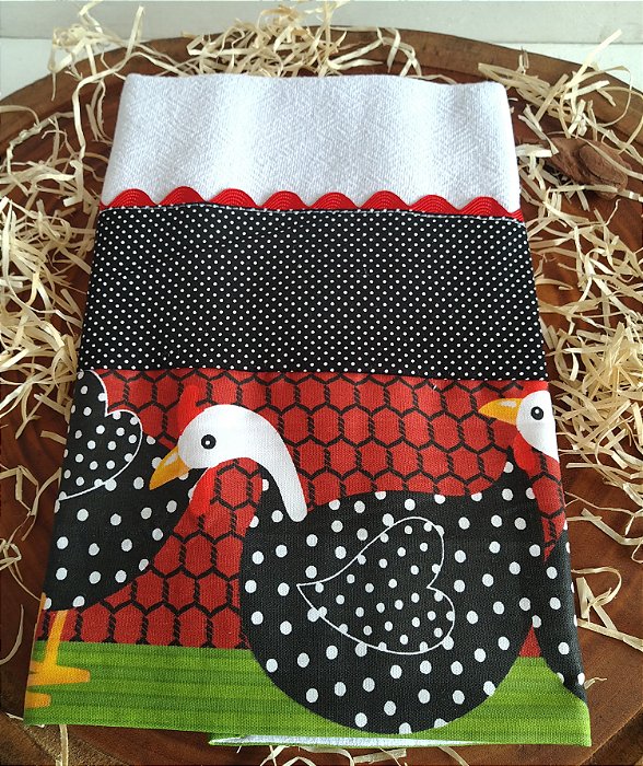 Pano de Prato – Galinha de Angola com Fundo Vermelho/Preto 69x42cm