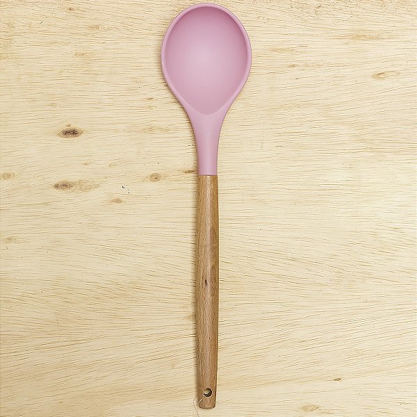 Colher de Silicone Coração Cor Rosa  com Cabo de Bambu 31,5 x 8cm
