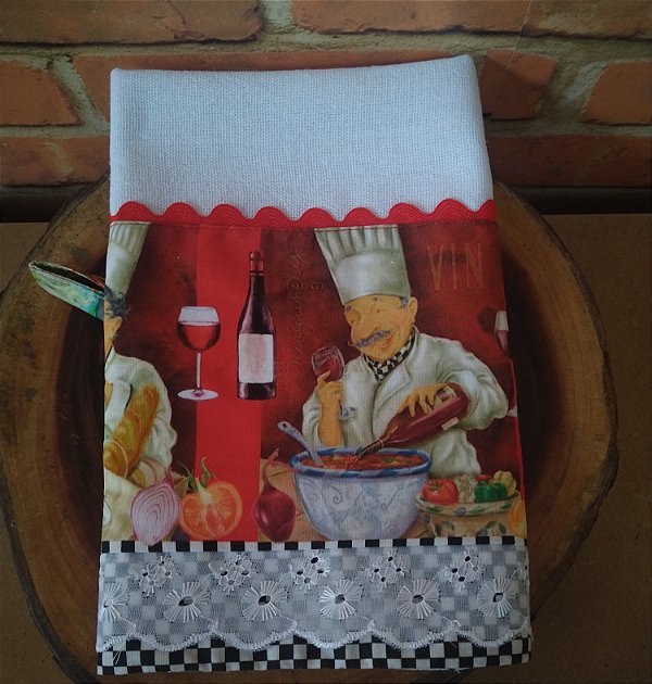 Pano de Prato – Chefe com Garrafa de Vinho (quadriculado branco com preto) 66x40cm