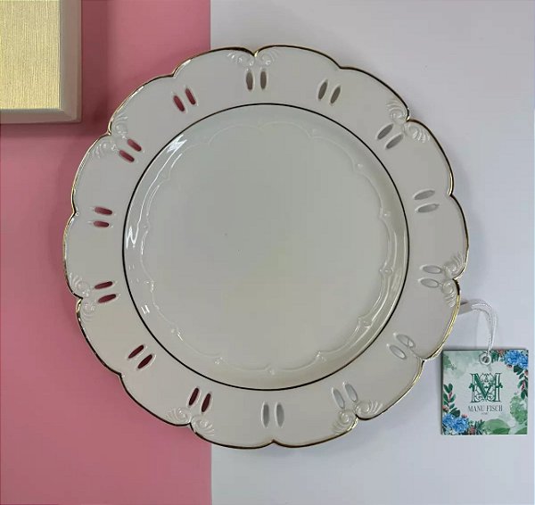 Prato Paris em Porcelana Vazado Arabescos Filete Ouro - Manu Fisch 26cm
