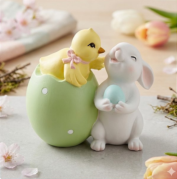 PEÇA DECORATIVA- PINTINHO DENTRO DO OVO VERDE COM COELHO 13CM