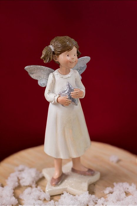Anjo de Resina Tita em Pé com Estrela na Mão 15,5 x 7cm