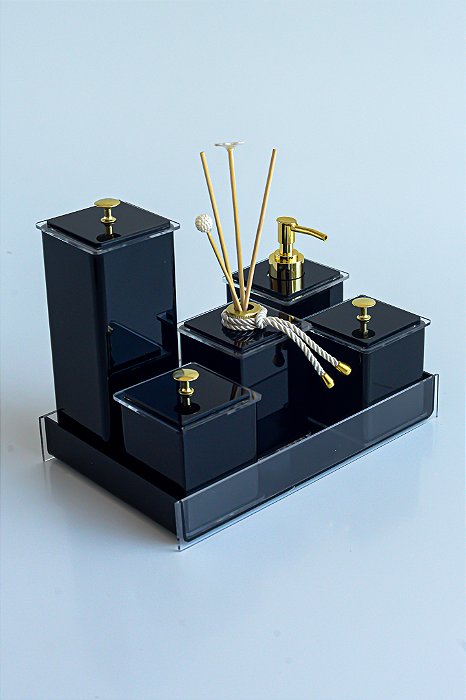 Kit Banheiro Em Acrílico - 6 Peças Preto Liso com Dourado