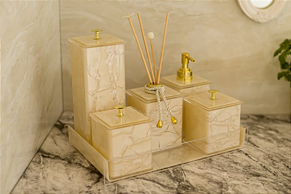 Kit Banheiro Em Acrílico - 6 Peças Bege Pérola com Dourado