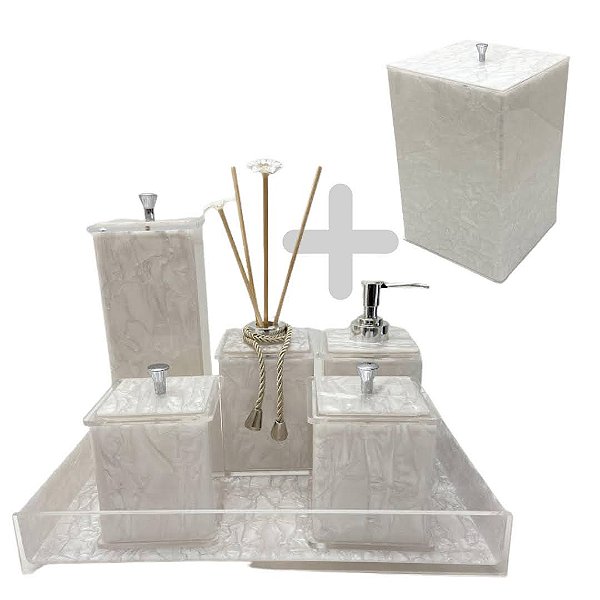 Kit 7 Peças com lixeira - Branco Perola com Prata