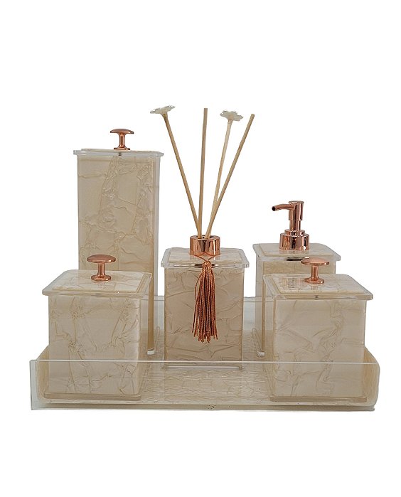 Kit 7 peças com lixeira - Bege Pérola com Rose
