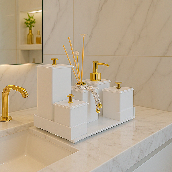 Kit Banheiro Em Acrílico - 6 Peças Branco Liso com Dourado