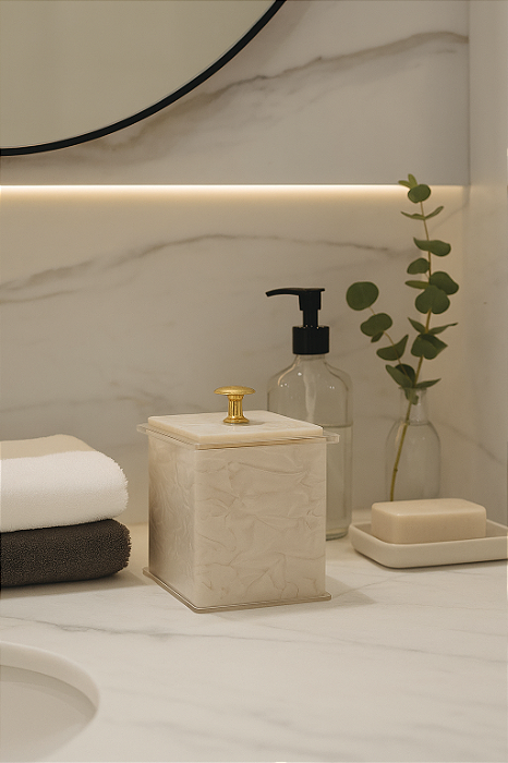 Porta Cotonete/Algodão Branco Pérola Dourado