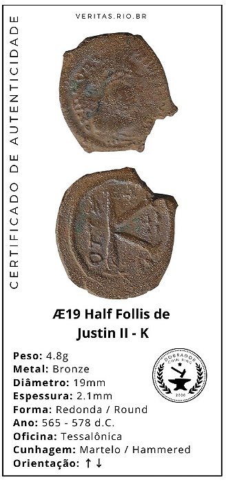 Moeda Romana Half Follis de Justiano II - K
