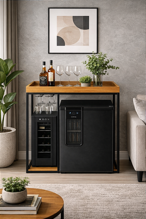 Aparador Bar Adega Frigobar 88cm Estilo Industrial Gourmet Preto - Ferreira Metal