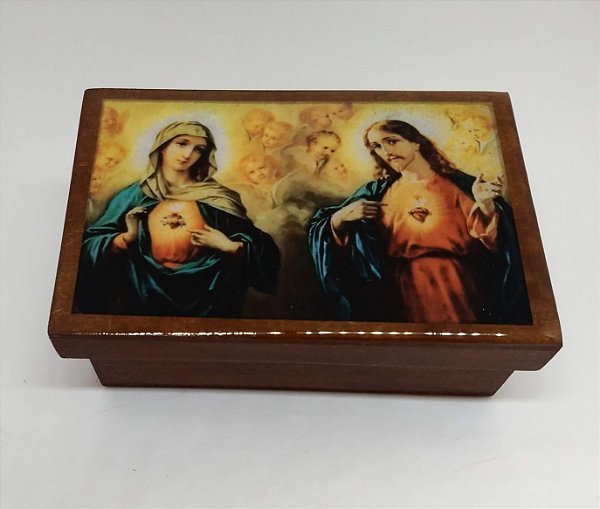 Caixa decorada Sagrado Coração de Jesus e Imaculado Coração de Maria