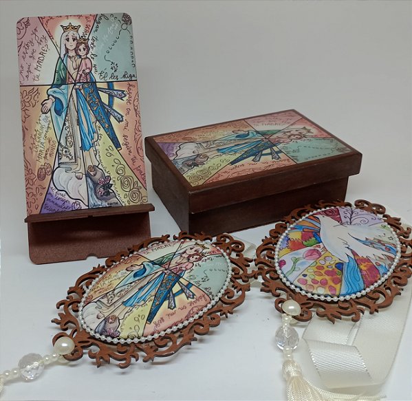 Kit Caixa decorada, porta celular e escapulário de porta