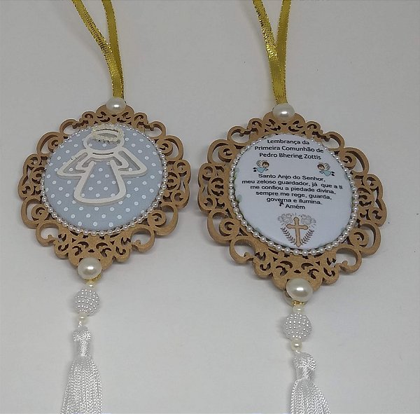 Kit com 10 medalhas ovais Lembrança de Primeira Comunhão ou Batismo com o Anjo da Guarda