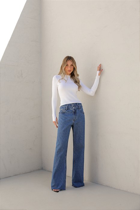 CALÇA JEANS WIDE LEG CÓS DUPLO