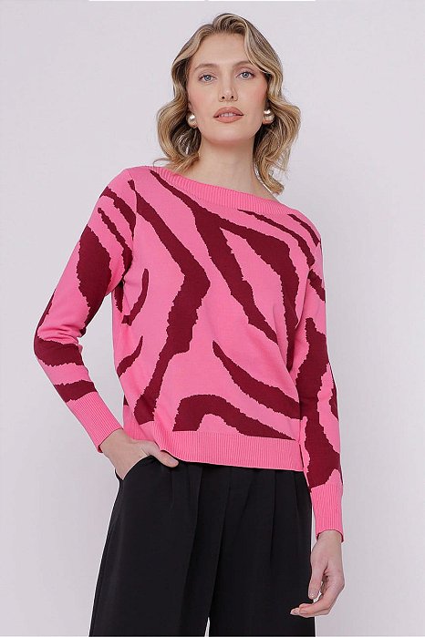 BLUSA TRICOT MANGA LONGA ZEBRADA ROSA