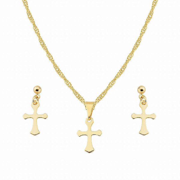 Conjunto Cruz - Semijoia Banhada a Ouro 18K