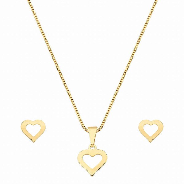 Conjunto Coração Vazado - Semijoia Banhada a Ouro 18K