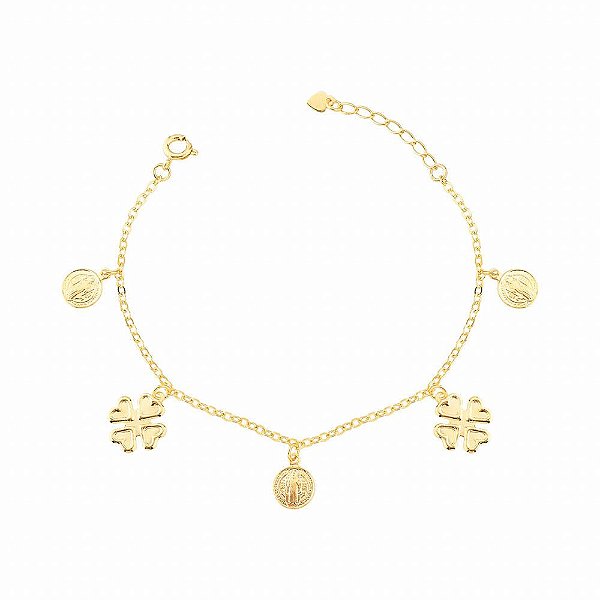 Pulseira Trevo e São Bento - Semijoia Banhada a Ouro 18K