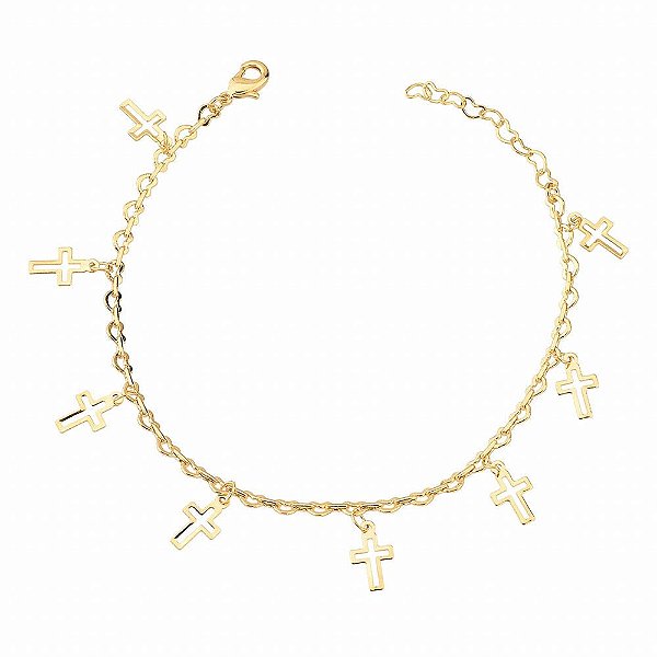 Pulseira Elo de Corações e Cruz - Semijoia Banhada a Ouro 18K