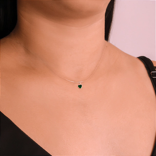 Colar Nylon Ponto de Luz Coração Esmeralda - Joia em Prata 925